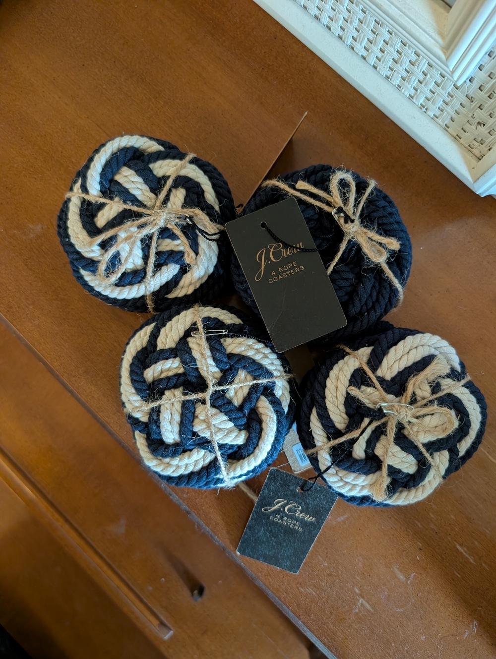 J. Crew Navy and Cream Twisted Rope Coaster Set - Nautical Knot Design - 16 Pcs